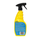 Rear view of a yellow Rain‑X Shower Door Water Repellent spray bottle showing the product information label and barcode.
