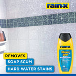 Close-up of streaked shower glass with Rain‑X logo and a small product bottle, promotional text highlighting stain removal.