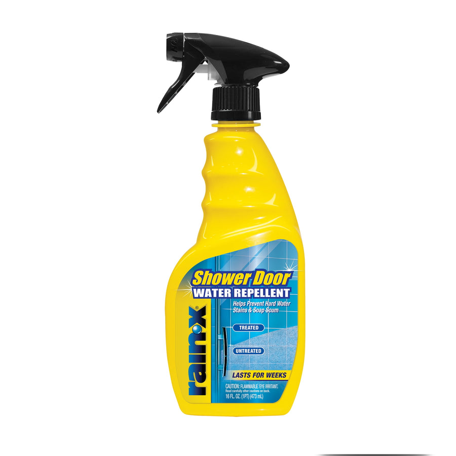 Yellow Rain‑X Shower Door Water Repellent spray bottle with black trigger, front label visible on white background.