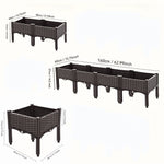Diagram-style image showing three size configurations of a raised rectangular garden bed with measurements in centimeters and inches.
