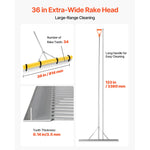 Dimension infographic showing a 36-inch wide rake head, 133-inch handle, and a close-up of the rake teeth measurements.