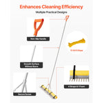 Exploded feature graphic of the rake showing non-slip handle, smooth tubing, 51.84 ft rope, secure screw, and foam straps.