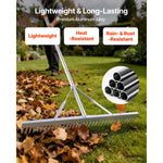 Rake in use on grass with fallen leaves, highlighting lightweight aluminum tubing and corrosion-resistant properties in callouts.