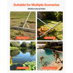 Four-panel lifestyle collage showing the metal rake used for weed removal, leaf clearing, pond cleaning, and pool maintenance.