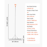 Specification panel listing model number, 34 rake teeth, 36-inch head width and rope length next to a full-length rake illustration.