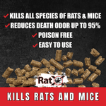 Product feature graphic showing scattered brown bait pellets, RatX logo and bullets highlighting poison free and easy to use