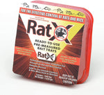 Close-up angled shot of RatX pre-measured bait tray package with visible logo and red tray edge