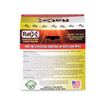 Back of RatX product box with usage directions, icons and a small American flag label
