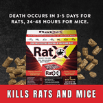Promotional image with RatX product box, scattered pellets and text stating expected death timing for rodents