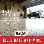 Blurry garage-floor lifestyle image with RatX logo and text instructing to simply place pellets where rat activity is seen