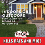 Front-yard house photo with RatX logo and text stating product is formulated for indoor or outdoor use
