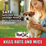 Lifestyle image of a girl holding a small dog with RatX logo and copy claiming the product is safe for people, pets and livestock
