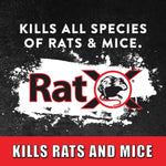 High-contrast RatX logo graphic on black background with bold text proclaiming it kills rats and mice