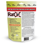 Back of RatX resealable pouch with product directions, logo and nutrition-style panel on a pale yellow background