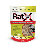 Resealable RatX branded pouch showing clear window with brown rodent bait pellets and logo