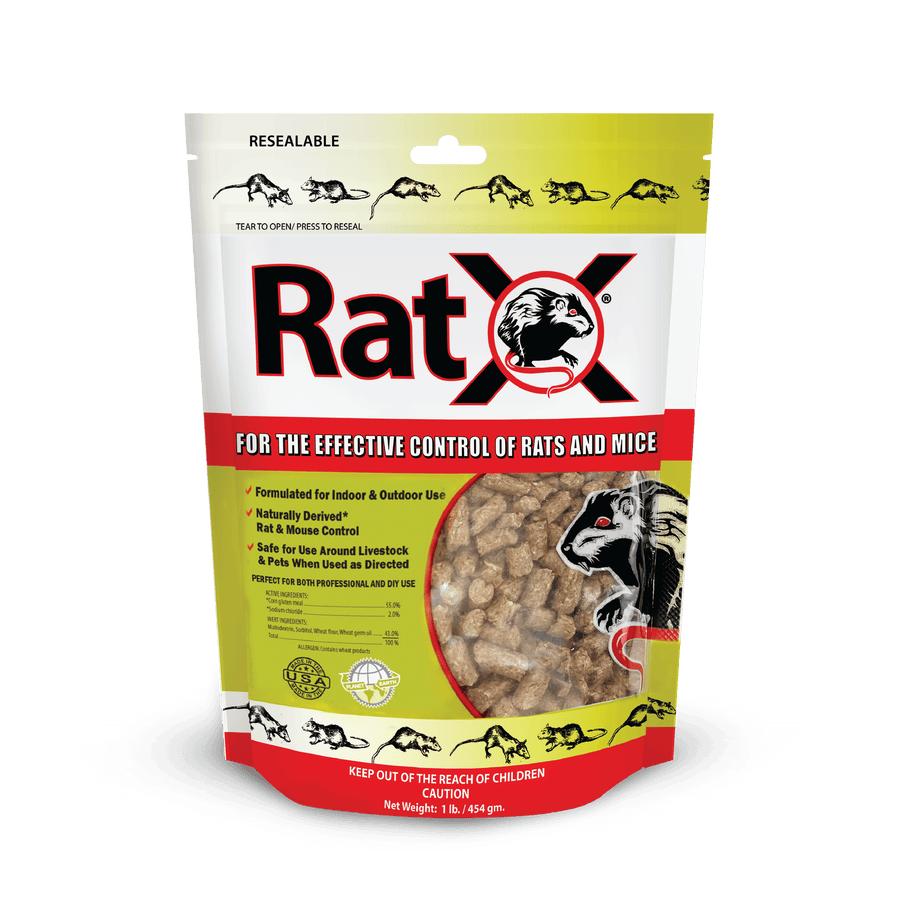 Resealable RatX branded pouch showing clear window with brown rodent bait pellets and logo