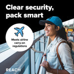 Lifestyle graphic showing a smiling traveler at an airport window with a circular icon stating 'Meets airline carry-on regulations' and Reach branding