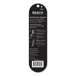 Back of REACH toothbrush blister card showing product text, feature icons and a barcode on black background