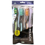 Front of REACH Essentials value pack showing six assorted pastel-handled toothbrushes inside a clear retail pouch