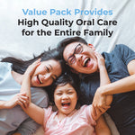 Happy family lying together with headline text stating value pack provides high quality oral care for the entire family