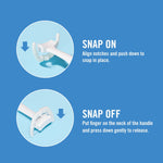 Instructional graphic showing two circular callouts demonstrating how to snap on and snap off the flosser refill head.