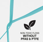 Teal floss strands crossed over a white background with a leaf icon and text stating non-toxic floss without PFAS & PTFE