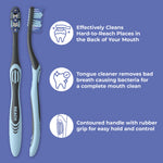 Two Reach toothbrushes on a purple background with icons and text highlighting cleaning, tongue cleaner, and contoured handle features.