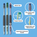 Three REACH toothbrushes with callouts showing REACH Tip, tongue cleaner, multi-level bristles and ergonomic handle