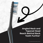 Close-up of a REACH toothbrush head and angled neck over graphic background with text about angled neck and tapered head