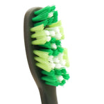 Close-up of a toothbrush head with layered green and white bristles on a dark handle