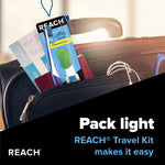 Travel-themed image of a packed carry-on pocket with a Reach travel kit partially visible alongside boarding pass and earbuds with 'Pack light' messaging