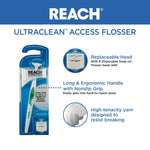 Product feature graphic for REACH Ultraclean Access Flosser showing packaged flosser, replaceable head close-up and yarn detail.