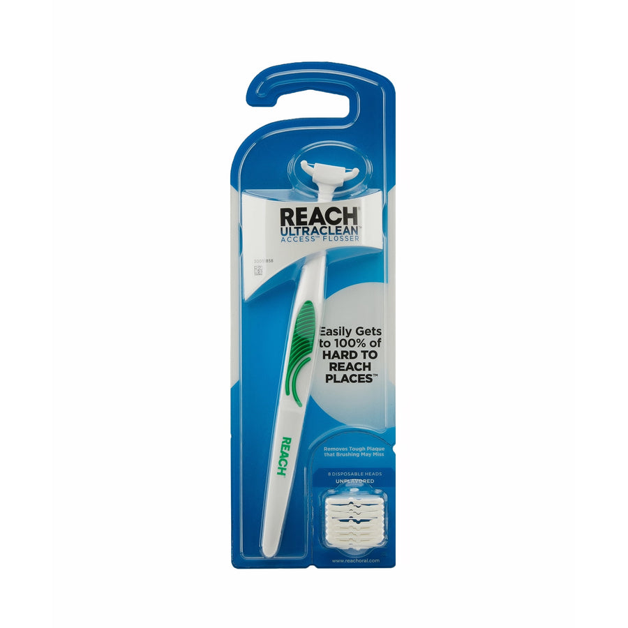 Single REACH Ultraclean Access flosser in blue blister packaging showing handle, logo and a pack of replacement heads.