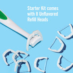 Close-up lifestyle-style image of a flosser handle and multiple white snap-on refill heads on a blue background with text.