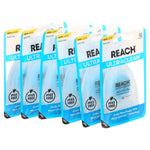 Row of six REACH Ultraclean mint dental floss blister packs shown standing at an angle on white