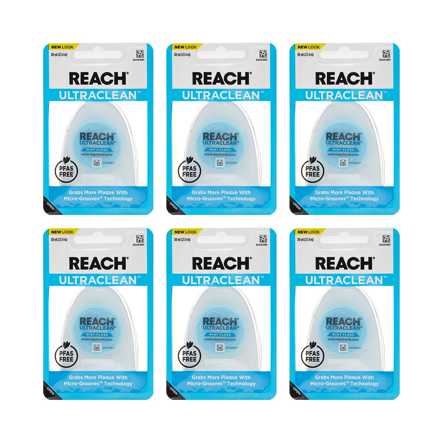 Six REACH Ultraclean mint dental floss blister packs arranged in two rows on a white background