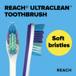 Close-up product graphic of Reach Ultraclean toothbrush head and side profile with a yellow callout reading 'Soft bristles' on a blue background