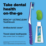 Graphic on blue background with a purple Reach Ultraclean toothbrush, green cover and travel-sized toothpaste next to text about antibacterial cover and travel-size toothpaste