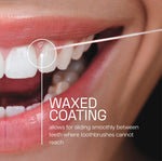 Close-up of smiling mouth with dental floss between teeth and text highlighting a waxed coating