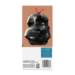 Rear packaging panel with a tied black trash bag graphic, barcode and small guarantee box on a tan background.