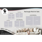 Wall art size chart graphic showing various rectangle wall art set dimensions with a living room sofa scene at bottom.