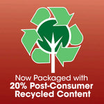 Recycling icon formed into a tree with text stating 'Now Packaged with 20% Post-Consumer Recycled Content' on red background.