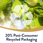 Recycling themed image with translucent recycle symbol over green leaves and text noting 20% post-consumer recycled packaging.
