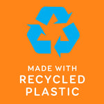 Blue recycling symbol and 'made with recycled plastic' text on an orange background