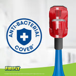 Top view of a red car-shaped antibacterial cover on a blue toothbrush neck beside an 'Anti-Bacterial Cover' badge