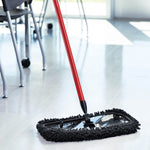 Red-handled mop with black chenille microfiber refill attached, shown on a bright indoor floor