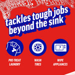 Red infographic panel with foam and icons showing multiple uses like pre-treat laundry, wash tires, and wipe appliances