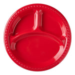 Top-down view of a single glossy red three-compartment disposable plastic plate on white background