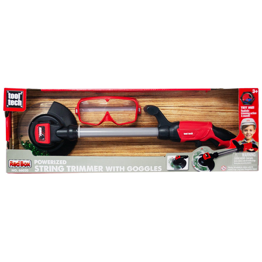 Red and black toy string trimmer with clear safety goggles displayed in windowed retail packaging