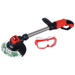 Red and black kids toy string trimmer and separate red safety goggles shown on white background